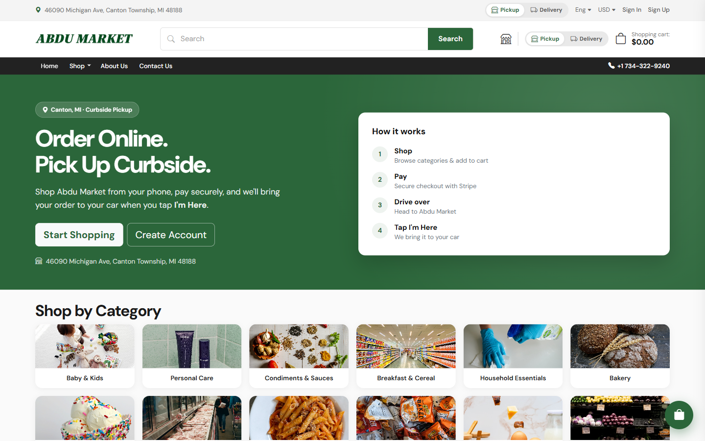 Abdu Market online grocery homepage with curbside pickup
