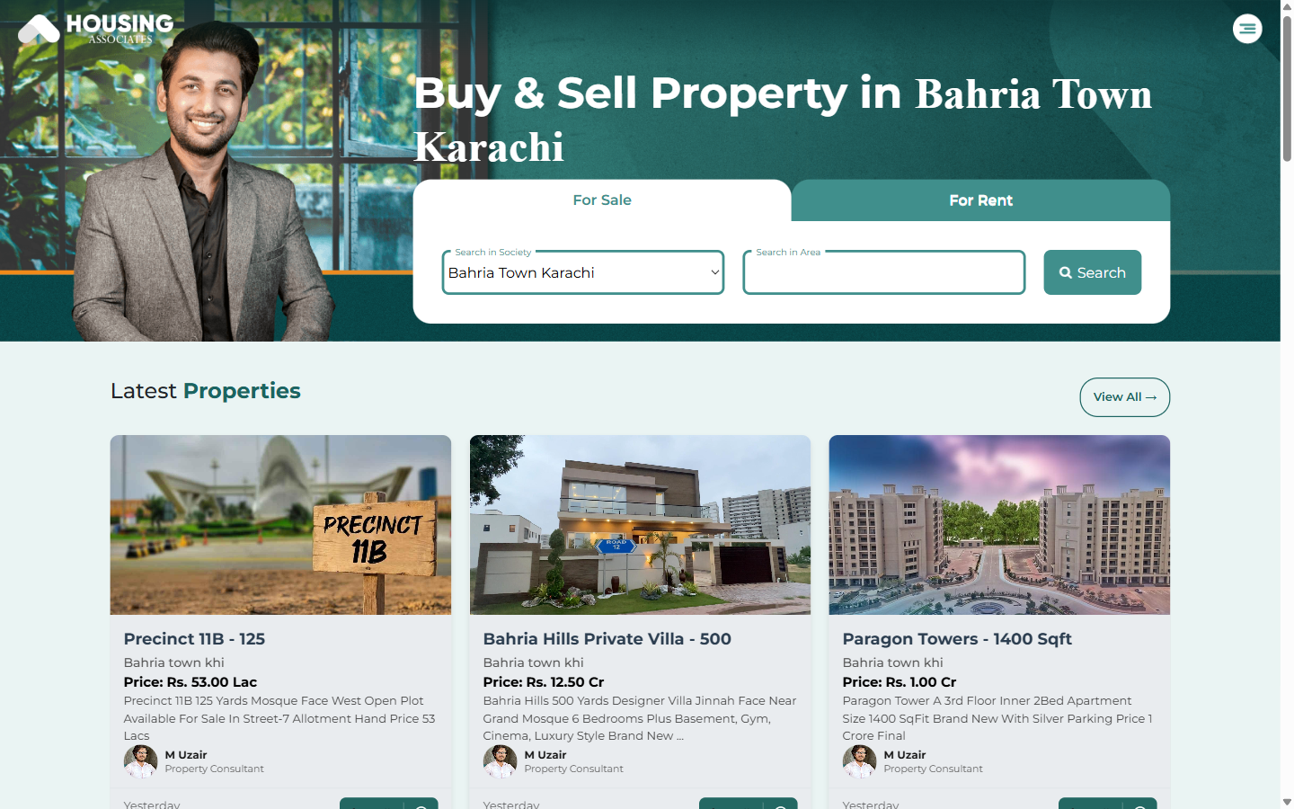The Housing Associates property portal homepage, showing property search