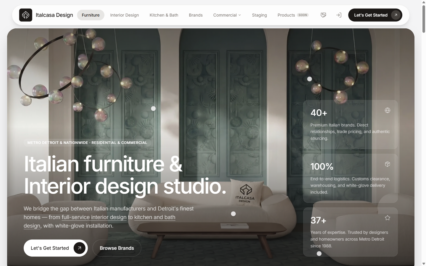 The Italcasa Design storefront homepage, showing the furniture catalogue